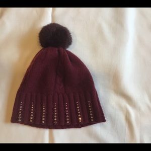 Knit Hat with Rabbit Fur Pom Pom.